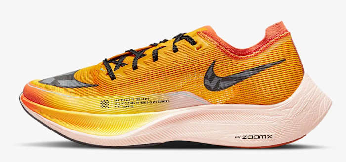 Orange Nike running shoe.